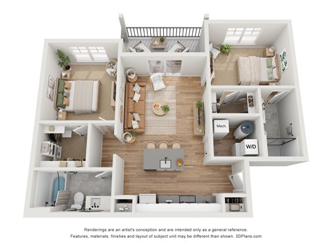 Floor plan for 2 beds, 2 baths, 960 sqft